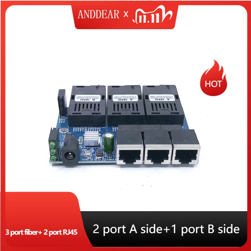 

Ethernet switch Fiber Optical Media Converter Single Mode 2 RJ45 and 3 SC fiber Port 10/100M PCBA