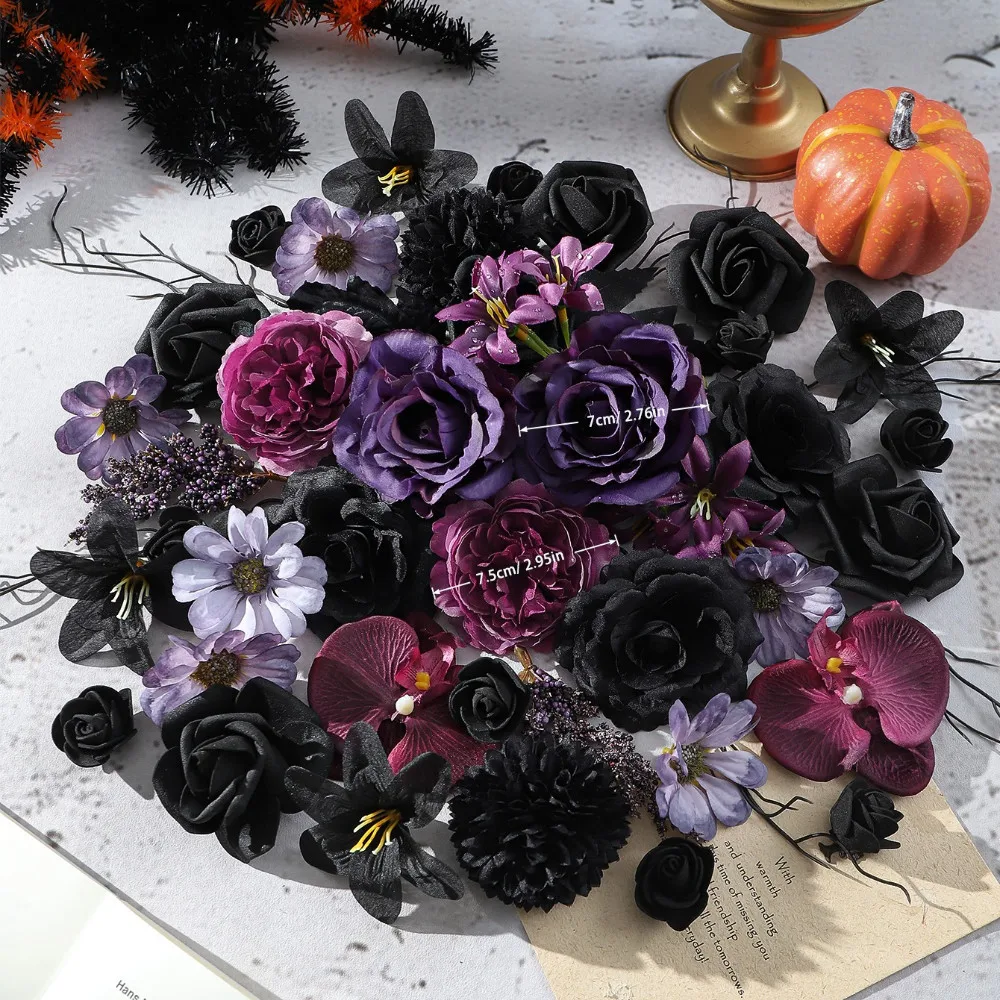 25 Stück Schwarz-Lila Künstliche Blumenköpfe Rose Orchidee Gänseblümchen für Halloween Tischdekoration Dunkle Hochzeit Gothic Dekor Vasen-Accessoire – Detail 2