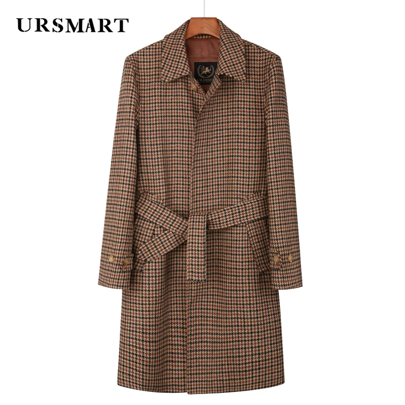 

Men's Thousand Bird Plaid Wool Coat - Single Breasted Mid Length Coffee Color English Style Thickened Down Inner