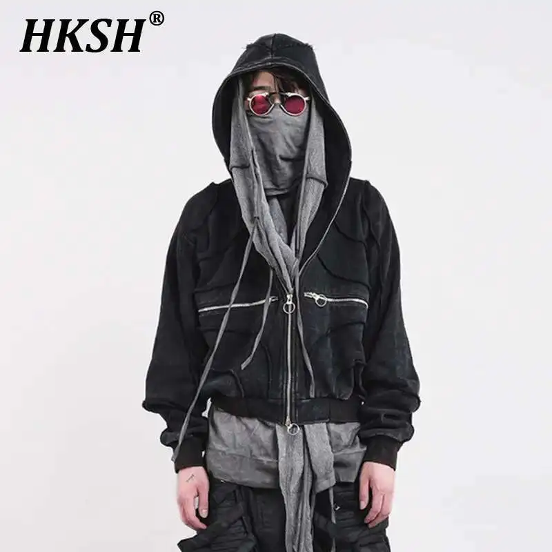 

HKSH Spring Autumn New Men's Tide Punk Techwear Waste Land Deconstruction Geometric Splice Retro Silhouette Cotton Hoodie HK2874