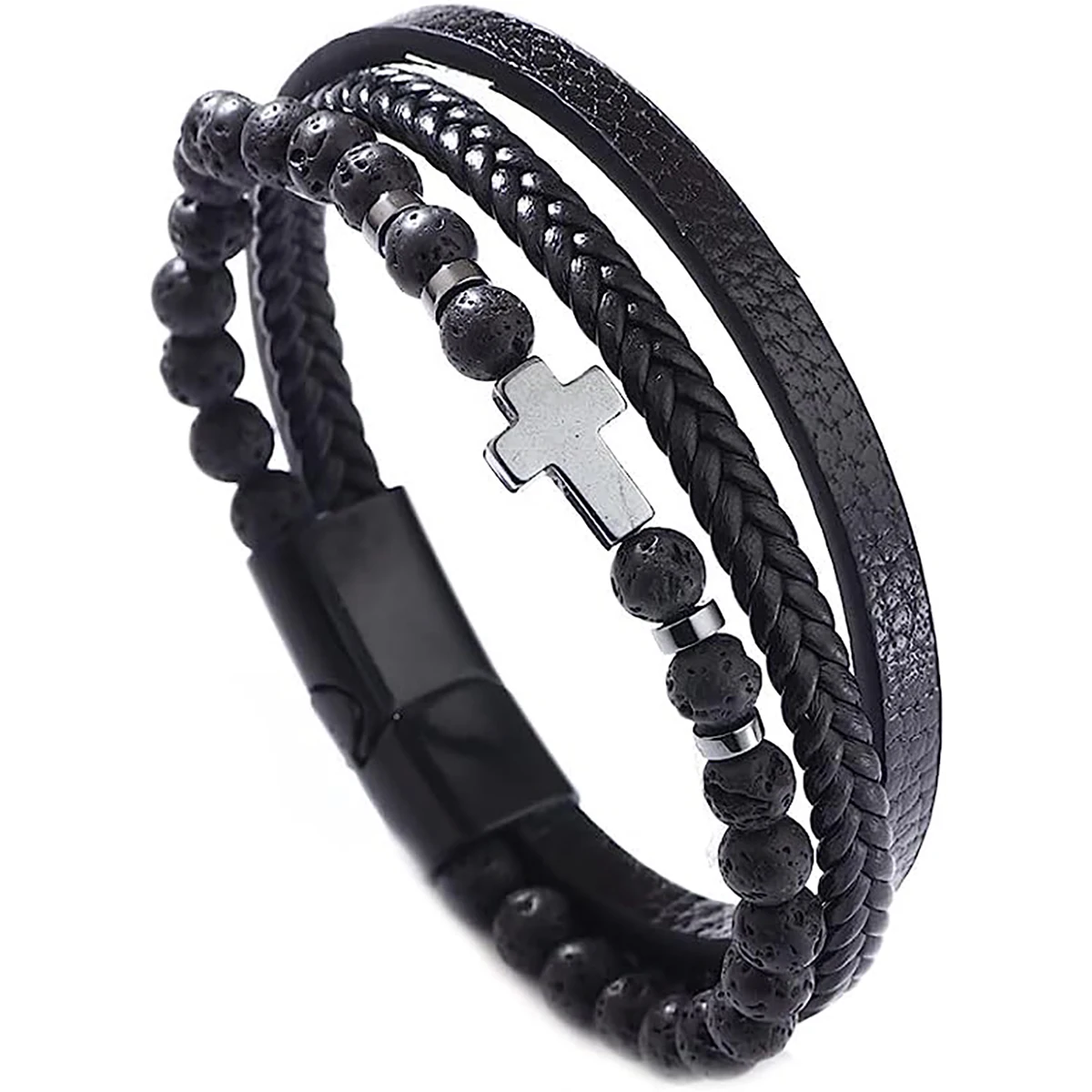 Vintage Multi-Layer Leather Bracelet Men Punk Cross Charm Tiger Eye Stone Beads Bracelet Fashion Braided Wrap Wristbands Jewelry