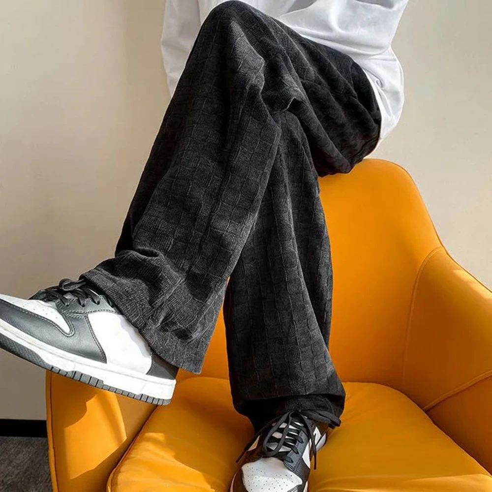 Mens Casual Street Straight Pants 2024 New Fashion Checkerboard Home Simple Comfortable Corduroy Floor-Length Trousers Unisex