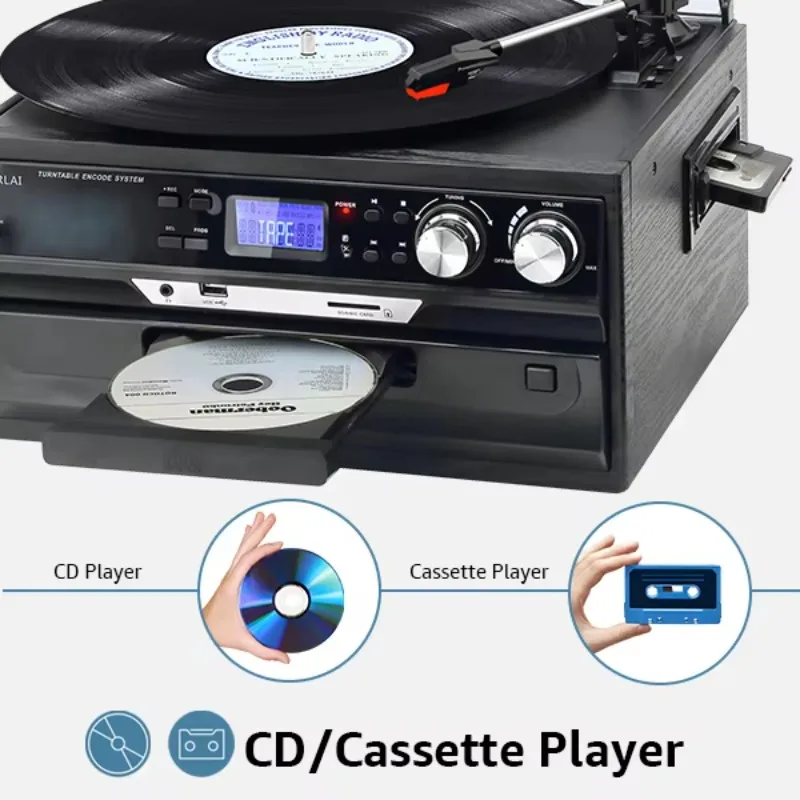 خمر 6 في 1 الصوت الفينيل cd كاسيت لاعب القرص الدوار مشغل تسجيل الفينيل القرص الدوار LP AM FM راديو الفونوغراف جراموفون