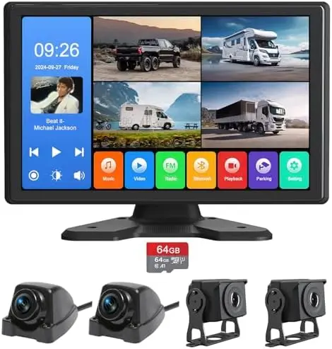 

10.26" 4CH Backup Camera System with DVR, IP69W Waterproof, Night Vision, 64GB Card for RV/Truck - Front, Rear, Side Views