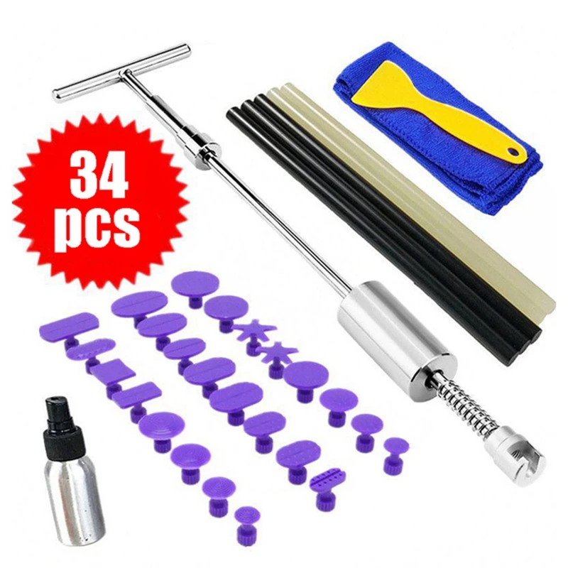 

38Cm 34Pcs Car Paint-Free Dent Repair Tool Kit Car Dent Puller Slide Hammer With T-Ba Repair Tool