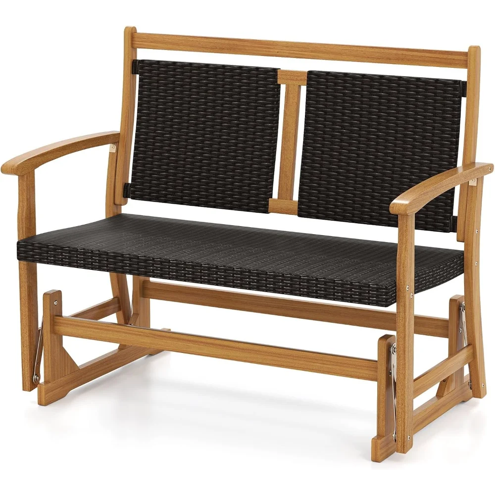 

Wooden Outdoor Glider Bench - 2-Person Wicker Rattan Swing Gliding Rocker Chair w/Acacia Wood Armrests
