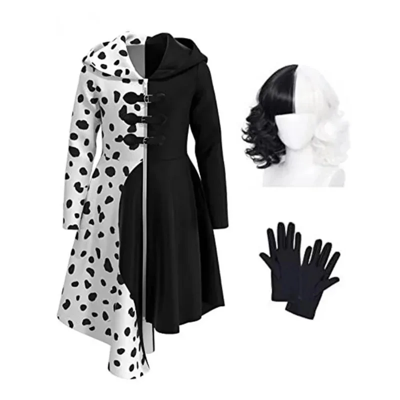 Disfraz De Anime Cruella De Vil, Vestido De sirvienta, Disfraces De Halloween para mujer, Vestido, ropa De juego De rol, uniforme De fiesta, traje, peluca