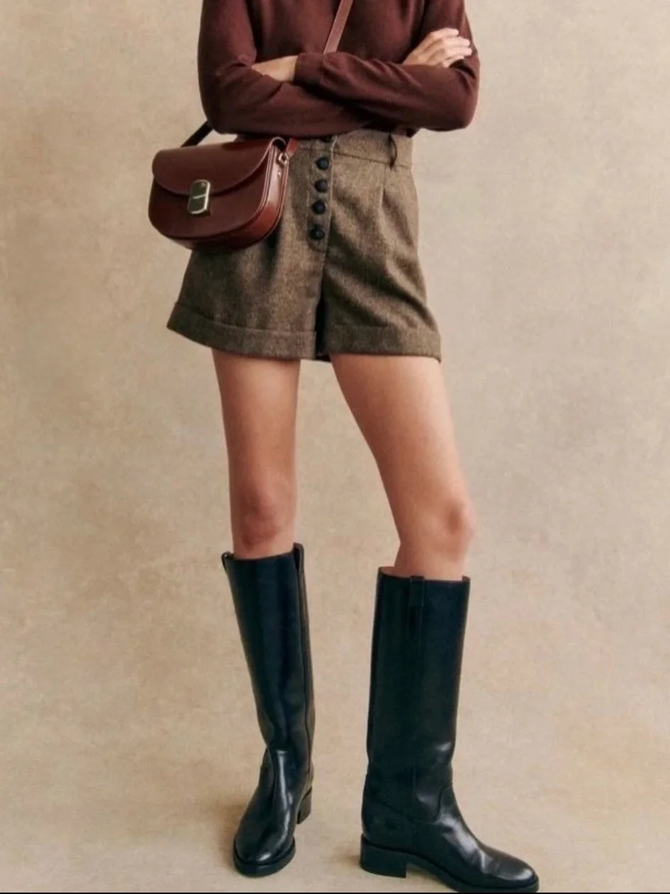 

Early Spring High Waist Brown Wool Short Pants Bootcut Pants Versatile Money-Saving Style Elegant Women's High Waist Wool Ble...