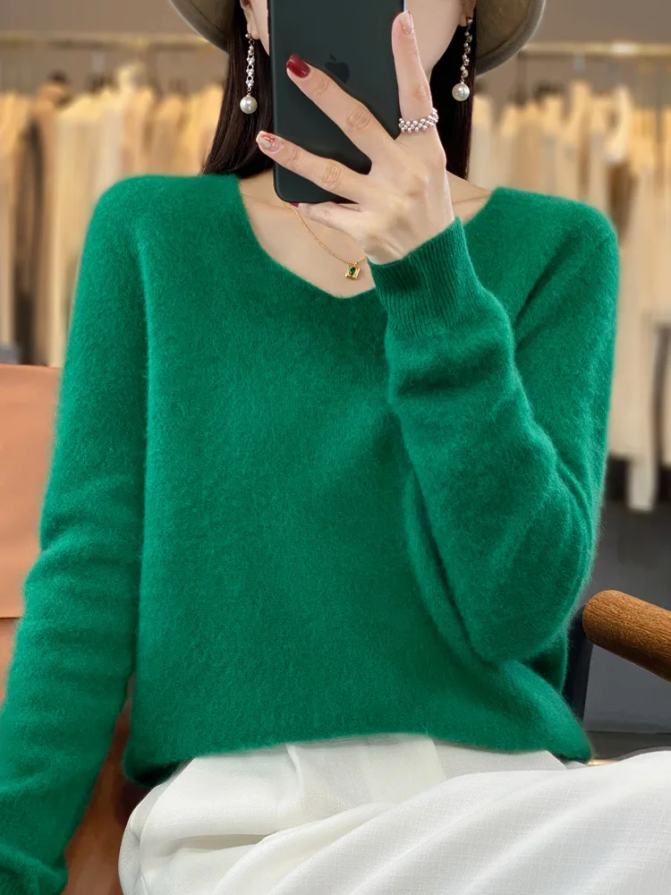 Wool Sweater Cashmere Pullover Women V-Neck Long Sleeve Soft  Basic Solid Color Knitwear Clothing Tops