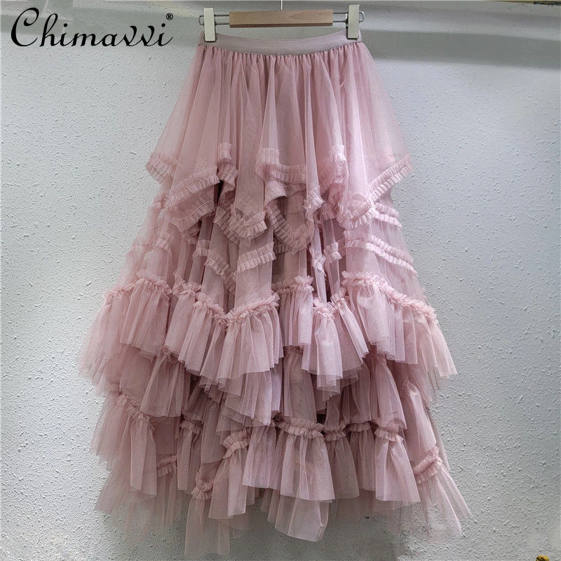 2025 Spring and Summer New Korean Fashion Retro Lace Splicing Mesh Skirt Women's High Waist Slim-fit A-shaped Long Skirts