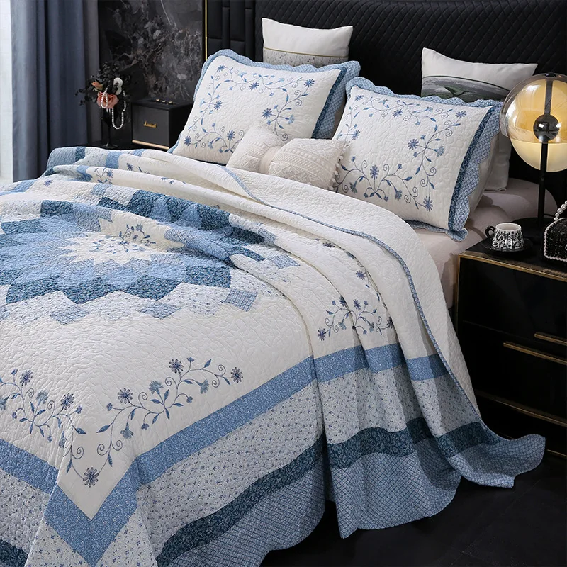 3Pcs 100% Cotton Patchwork Embroidered Quilt Set, Geometric Quilted Bedspread Coverlet, New All Season Thin Bedding for Home