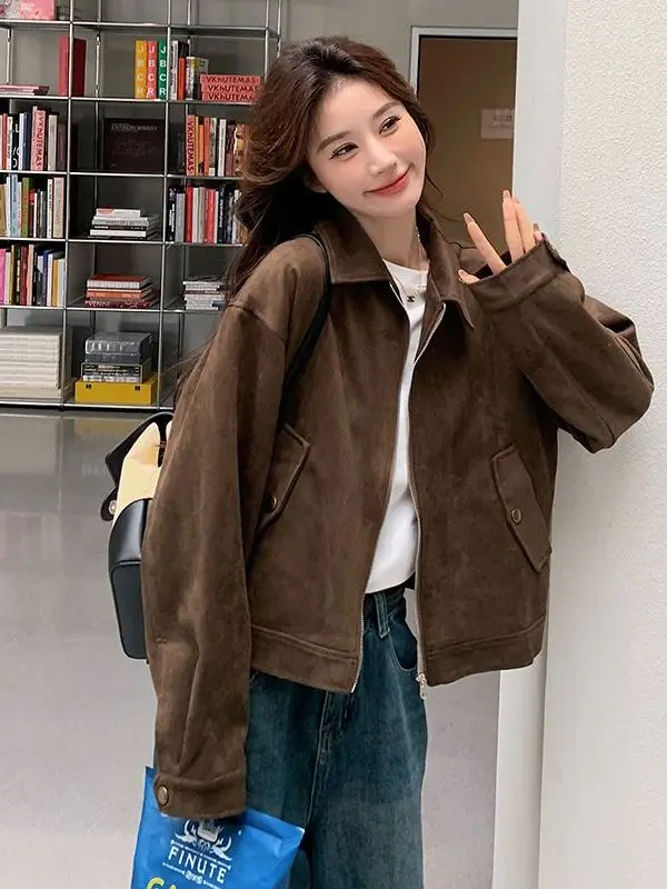 American Style Suede Jacket Women's Short Coat Lazy Chic Cool Leather Shirt Jacket Polyester Fabric Long Sleeve Zipper Pocket