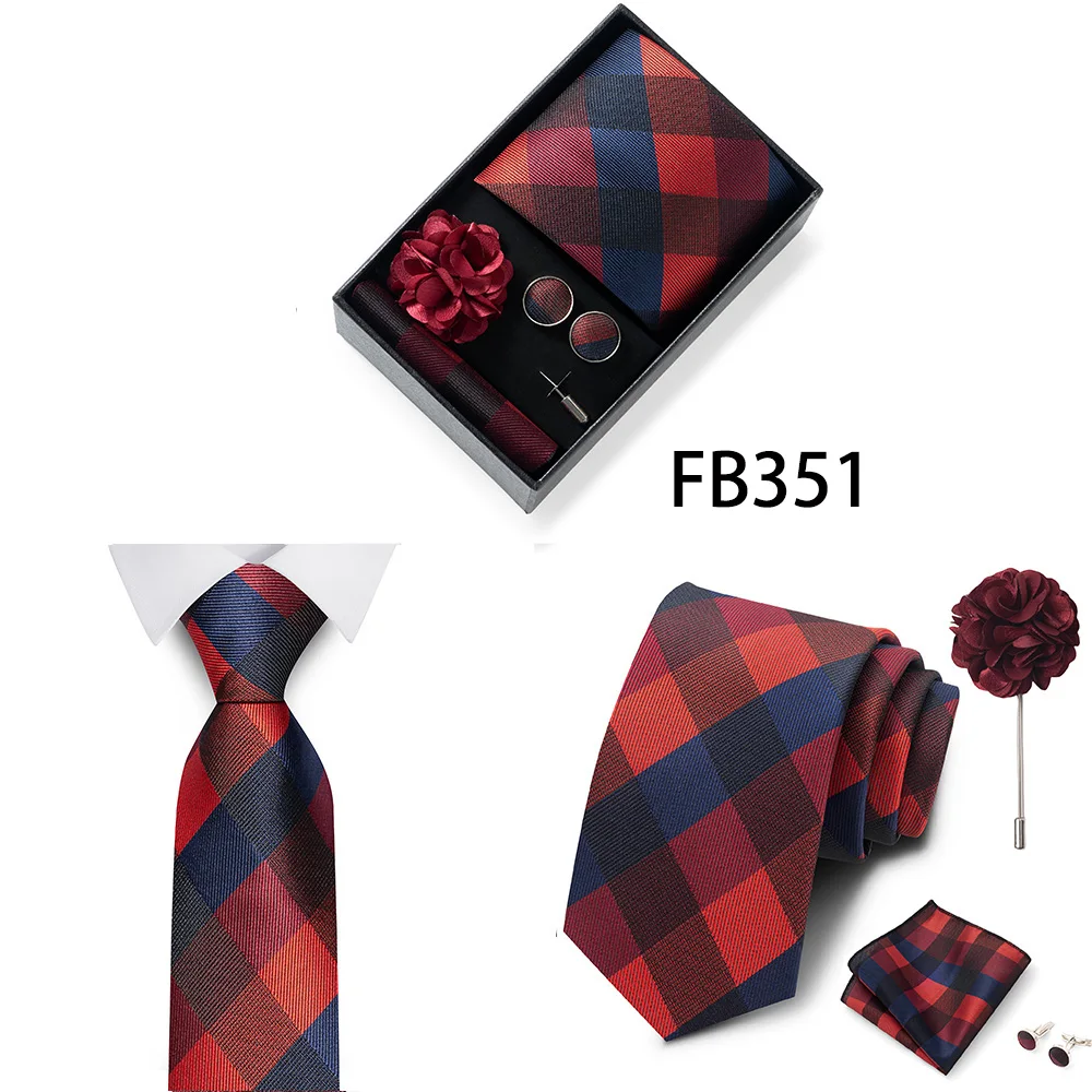 Neues Marken-Mode-Set: 8 cm Krawatte, Einstecktuch, Manschettenknöpfe und Brosche für Herren, Rot-Grau, Hochzeit, Geschenkbox, Passend für Partys – Detail 14
