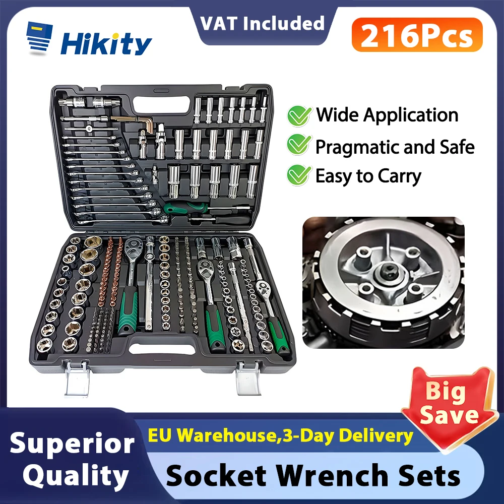 Hikity 216 pièces ensemble d'outils mécaniques, jeux de clés à douille 1/4 "3/8" 1/2 "avec clé à cliquet à 24 dents pour la réparation automobile et de moto