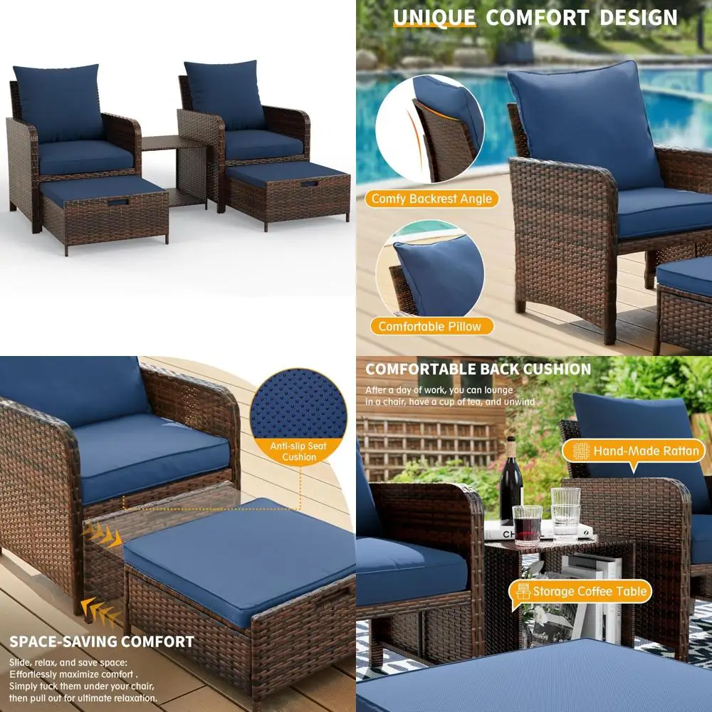 

5-Piece Outdoor Patio Furniture Set with Rattan Chairs and Storage Ottomans, Ideal for Conversation Areas and Relaxation