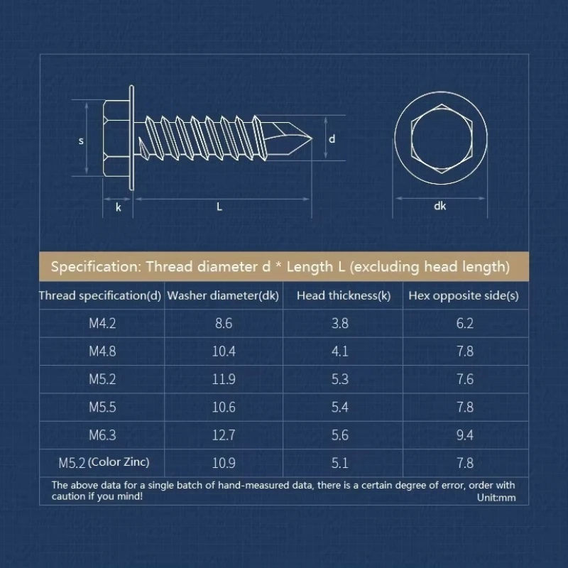 M4.2 M4.8 M5.5 M6.3 304 Stainless Steel Hex Flange Head Self Drilling Screw A2-70 Hexagon Washer Head Drill Point Screw