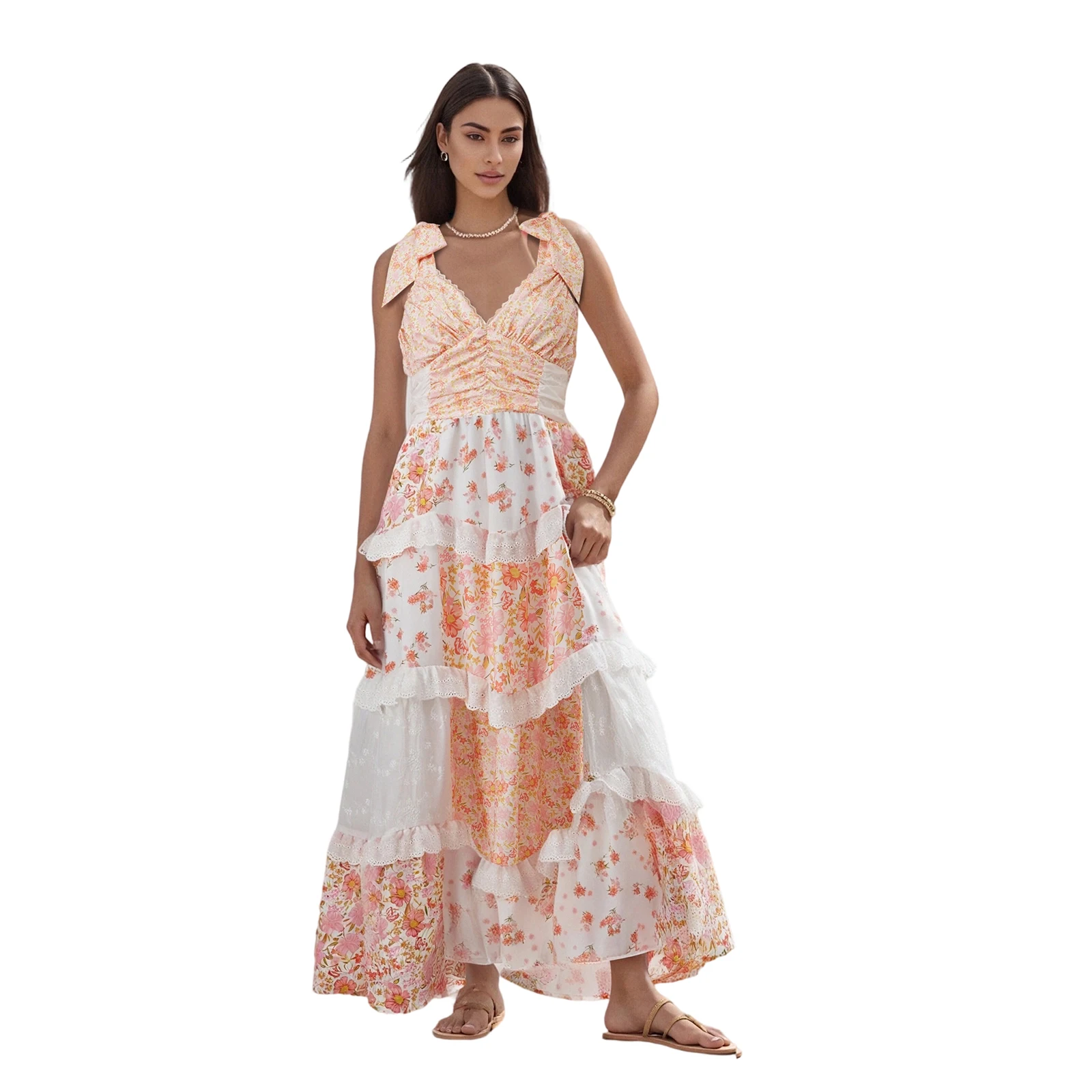 ชุดเดรสยาวลายดอกไม้สำหรับผู้หญิง แต่งลูกไม้ คอวี ผูกไหล่ ทรงเอไลน์ ระบายชั้นๆ สำหรับงานปาร์ตี้คลับทุกวัน