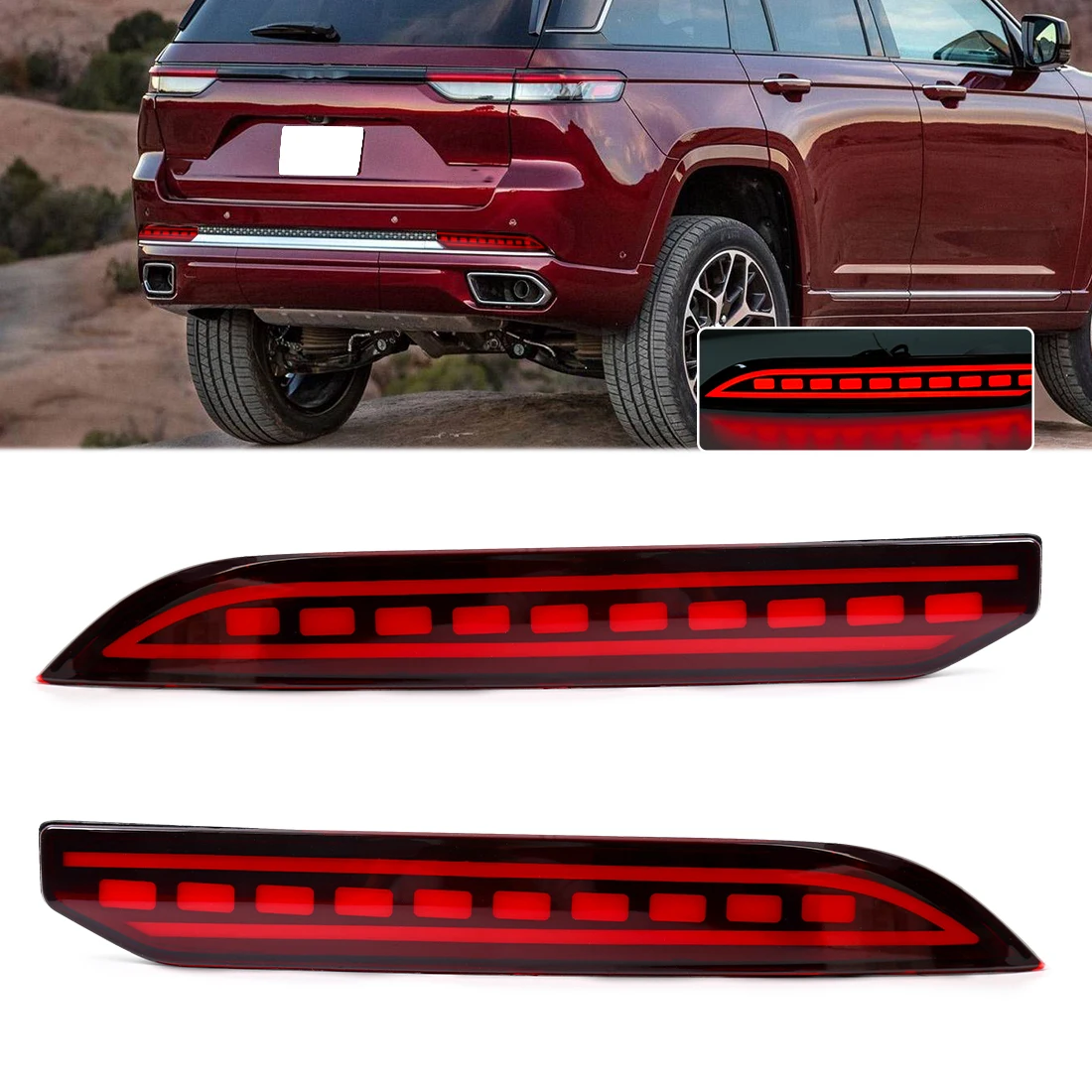 For Jeep Grand Cherokee 2021 2022 2023 2024 Car LED Rear Bumper Reflector Lights Rear Sequential Turn Signal Brake Lamps 12V