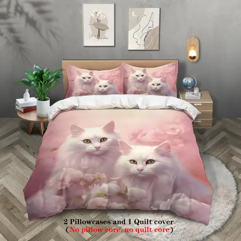 3-piece set of cute white cat pattern print (1 duvet cover+2 pillowcases, no core) comfortable bedding set
