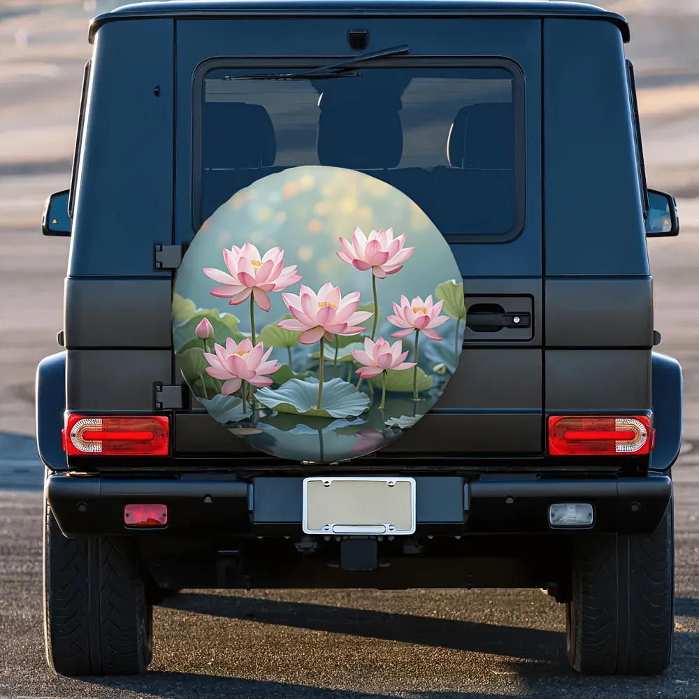 Pink Lotus Flowers Tire Cover Polyester Waterproof Spare Wheel Protector for SUV