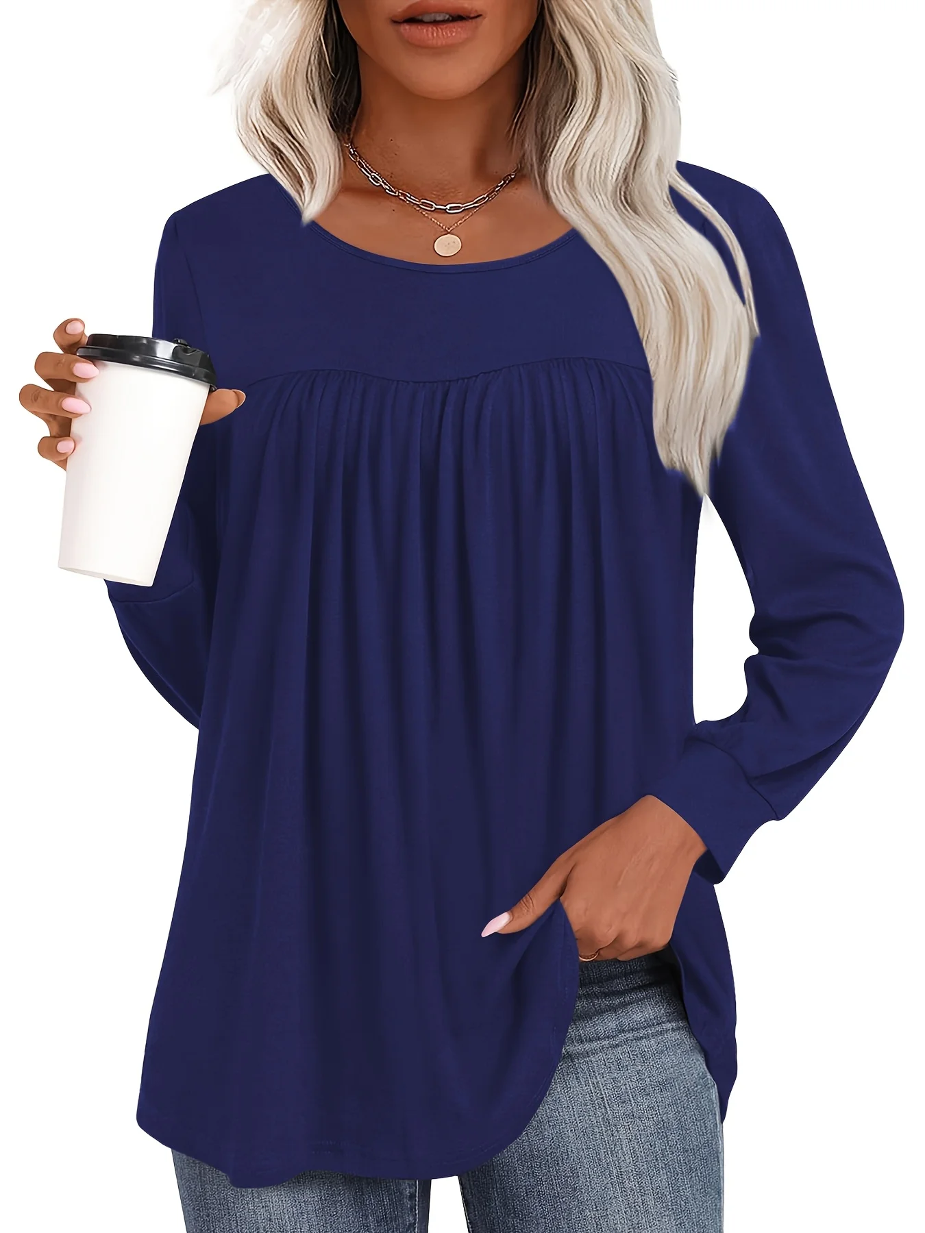 Plus Size Damen Langarm-Plissee-Oberteil für Stilvollen Komfort – Detail 4