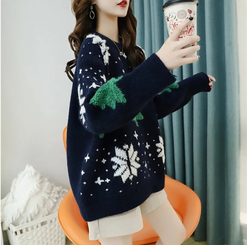 Sweater women\'s loose autumn and winter new Korean version of the wild retro pullover long-sleeved round neck knitted top