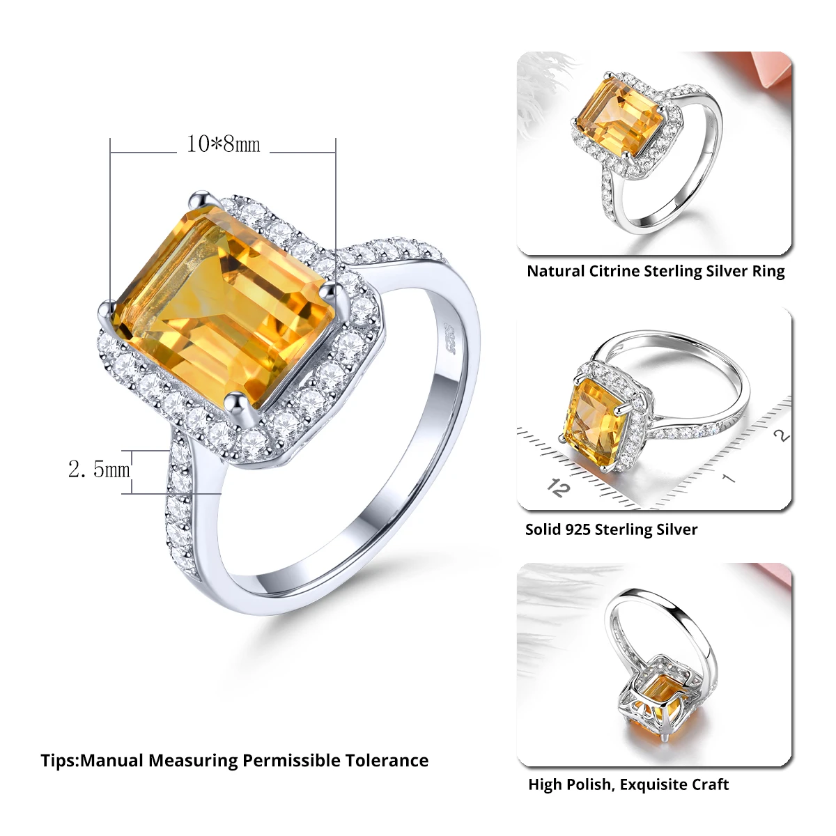 Natural Citrine Solid Silver Rings Women  Jewelrys 3 Carats Genuien Crystal Luxury Classic Design Anniversary S925 Gifts