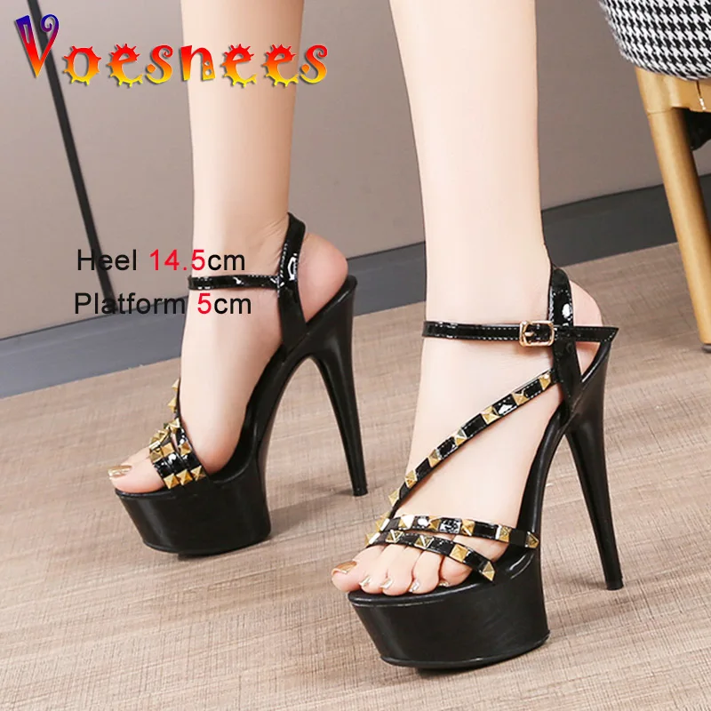 European And American Thin High Heels Rivet Women\'s Shoes Summer Fashion Thick Platform Sandals Sexy Narrow-band Banquet Pumps