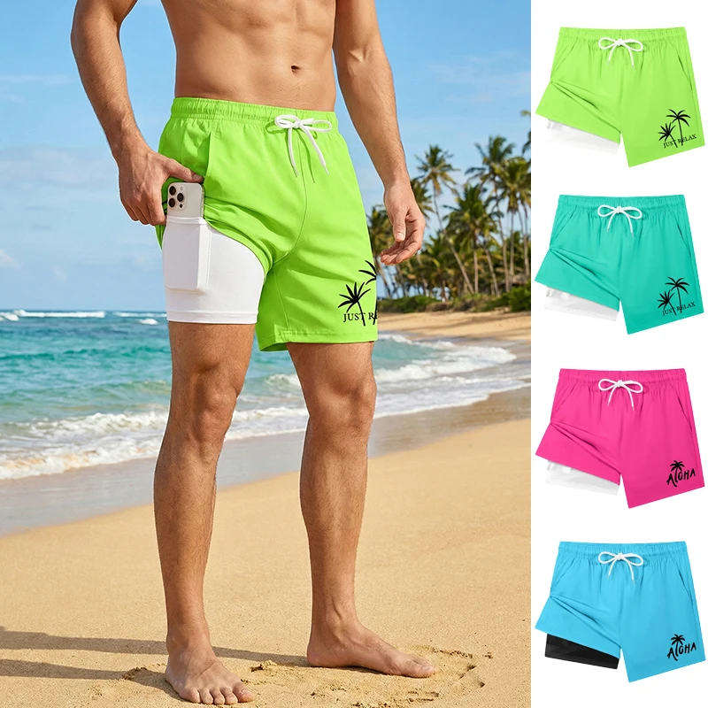Palm Tree Letter Print 2 in 1 Beach Shorts for Men Summer Casual Board Shorts with Phone Pocket Quick Dry Swim Trunks Swimwear