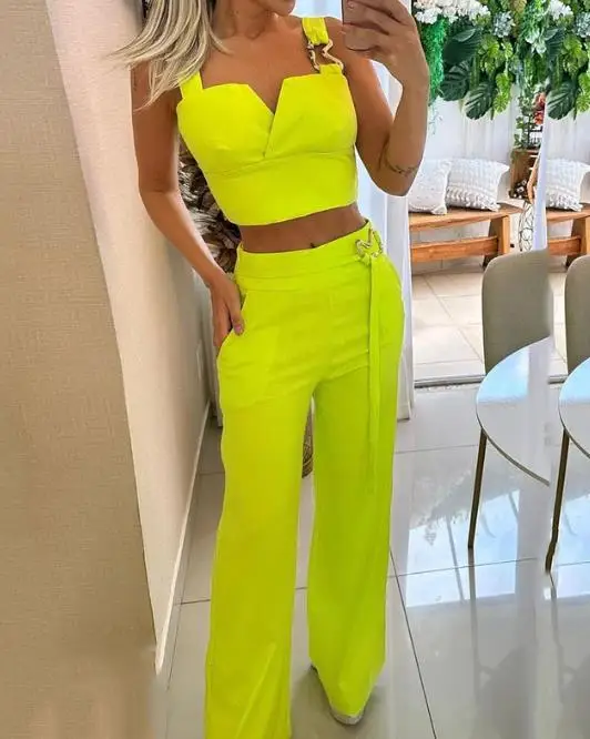 2 Piece Set Women Outfit Summer New Fashion Casual Sleeveless Square Neck Top & Elegant Loose Wide Leg Pants Trousers Pants Sets