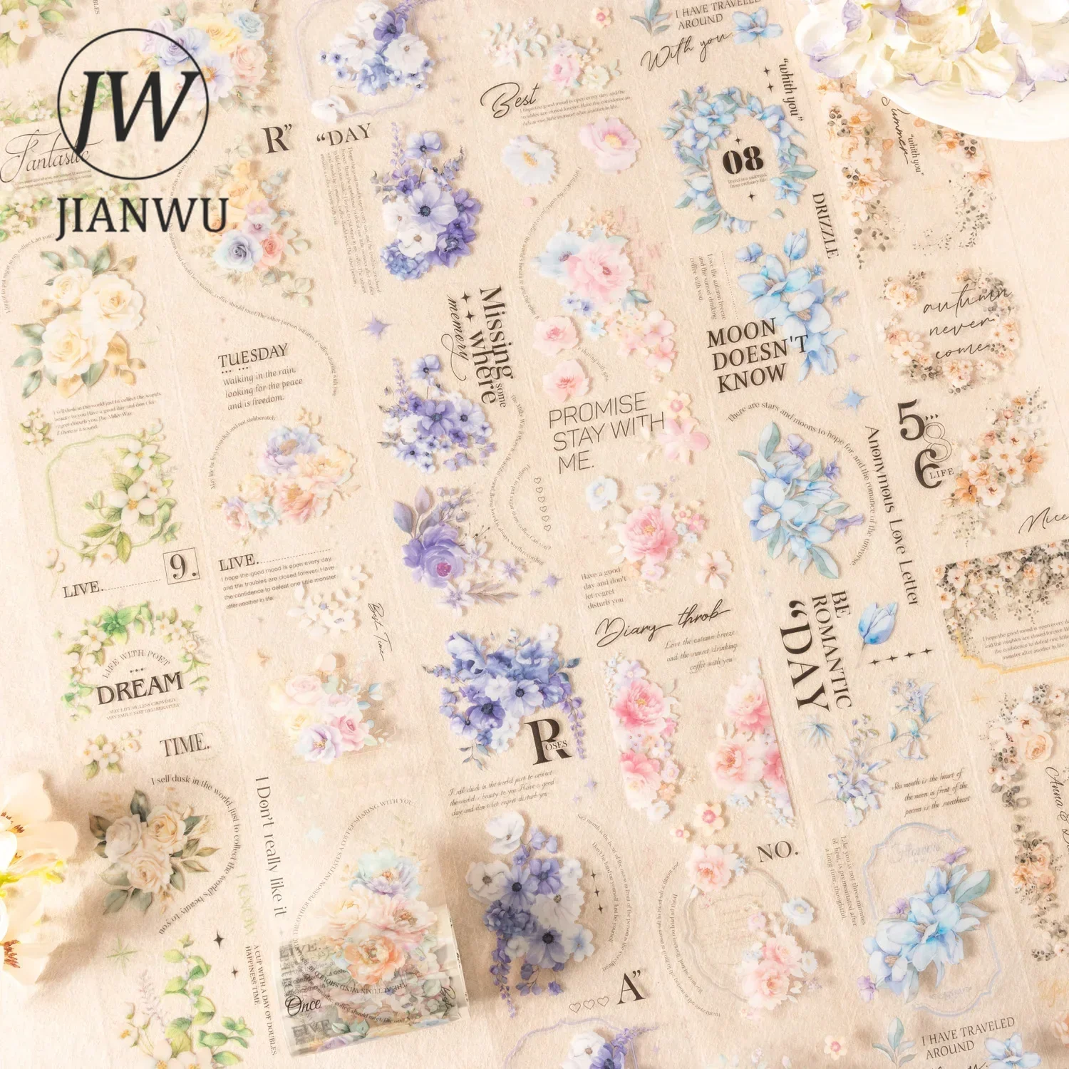 JIANWU 60mm*200cm Smell Flower Tell Series Literary Material Collage Landscaping PET Tape Creative DIY Journal Stationery