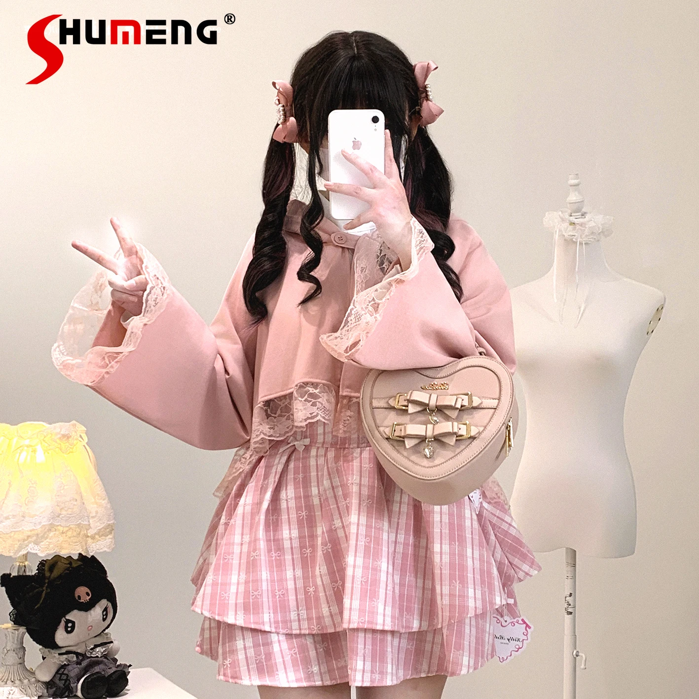 

Японская субкультура, сладкая Лолита, розовый плащ с капюшоном, весна и осень, новая женская милая кружевная короткая куртка Kawaii с кошачьими ушками, пальто