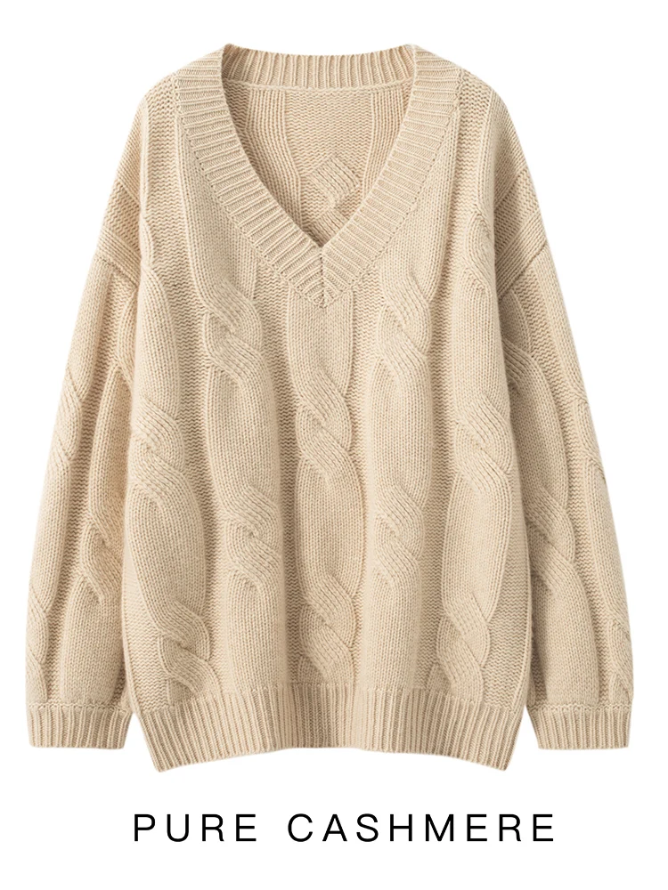 

Chic Women's Autumn Winter Casual Loose Thick Solid Color Pullover 100% Cashmere Sweater Twist Flowers knitwear Soft Tops
