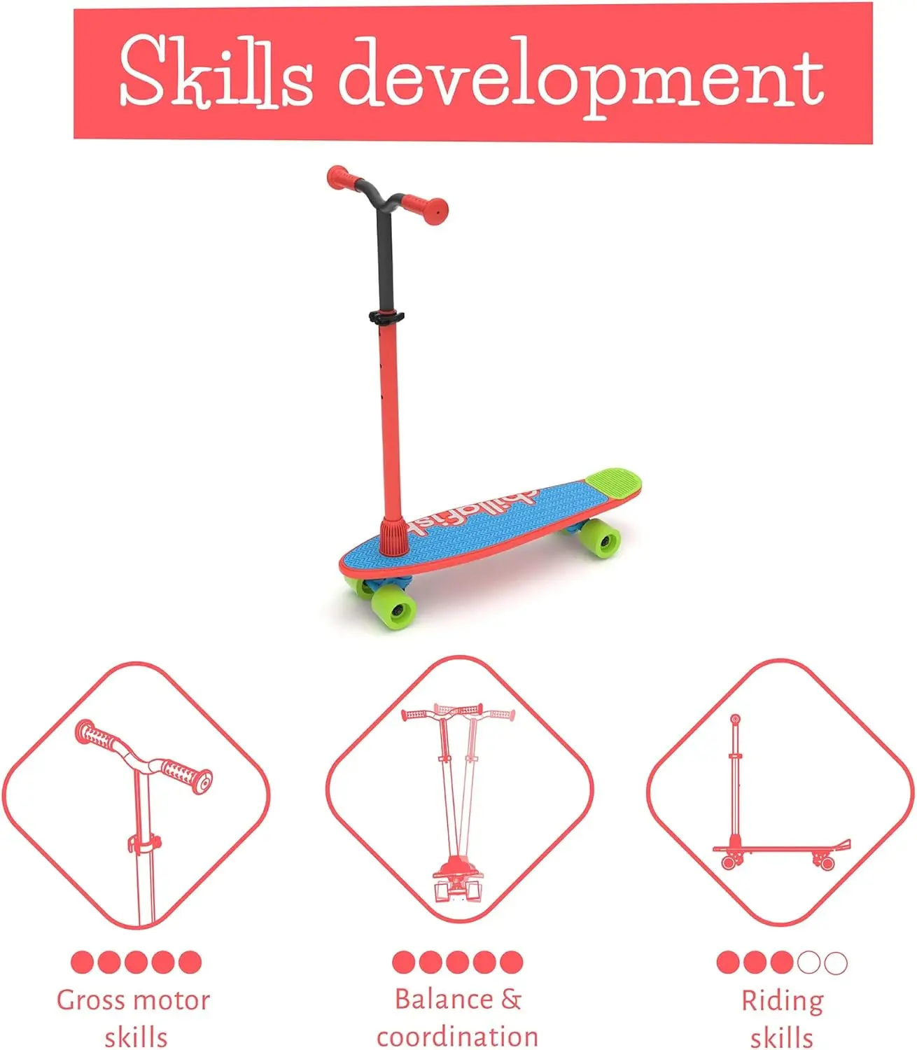 Skatieskootie Customizable Training Skateboard and LeantoSteer Scooter with Detachable Stability Handlebar Ages 3+