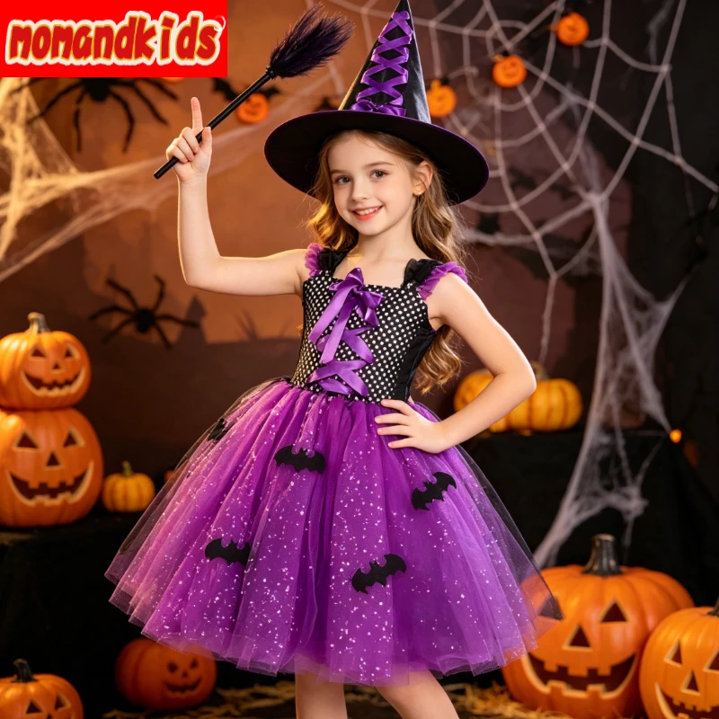 Sparkly Black Purple Sorceress Tutu Dress with Bat Decorations, Gothic Halloween Costume for Carnival Masquerades and Cosplay
