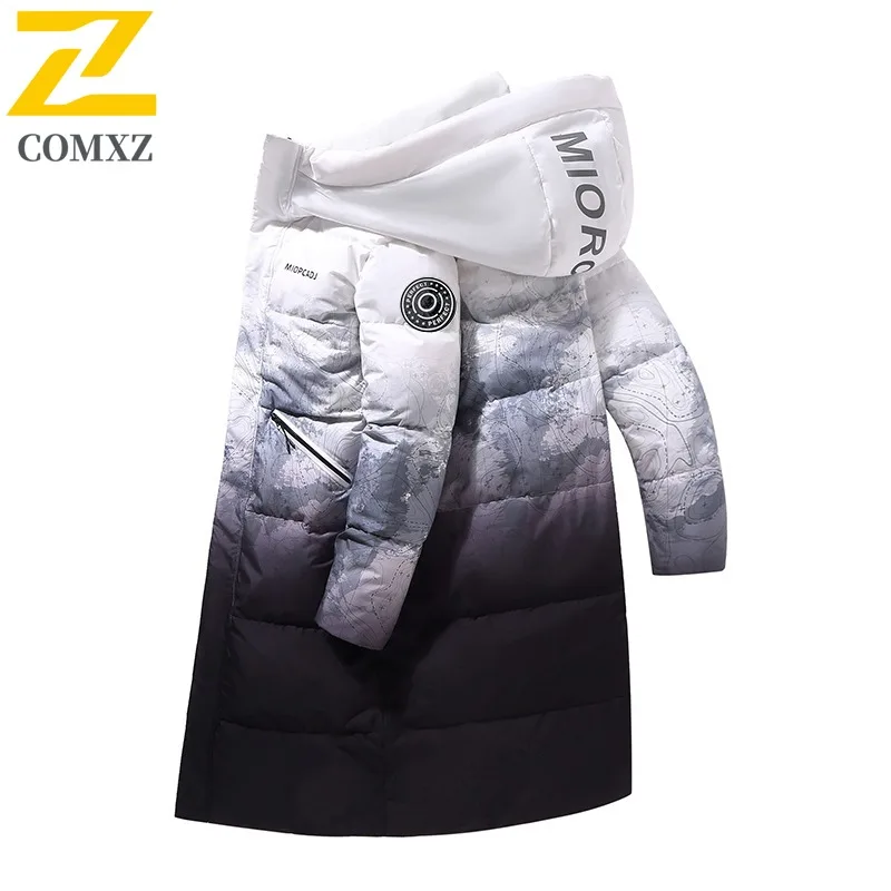 COMXZ Men Winter Jacket Gradient Long Korean Design Snow Travel Cold Resistant Street Bread Jacket Lightweight Puffer Jackets