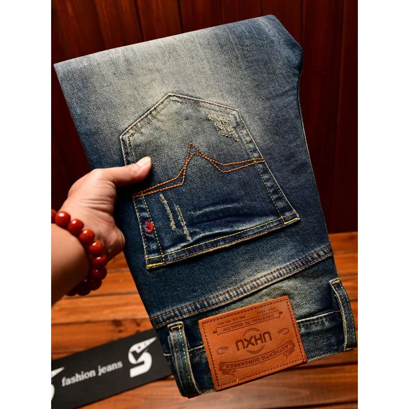 

Heavy duty denim washed retro jeans for men 2025 new slim fit small foot elastic trendy brand casual Korean version pants