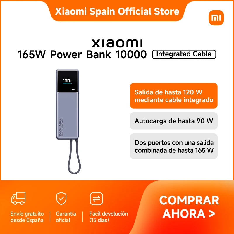 Oficial | Xiaomi 165W Power Bank 10000mAh (Integrated Cable), Salida de hasta 120 W mediante cable integrado, Autocarga de hasta 90 W, Dos puertos con una salida combinada de hasta 165 W