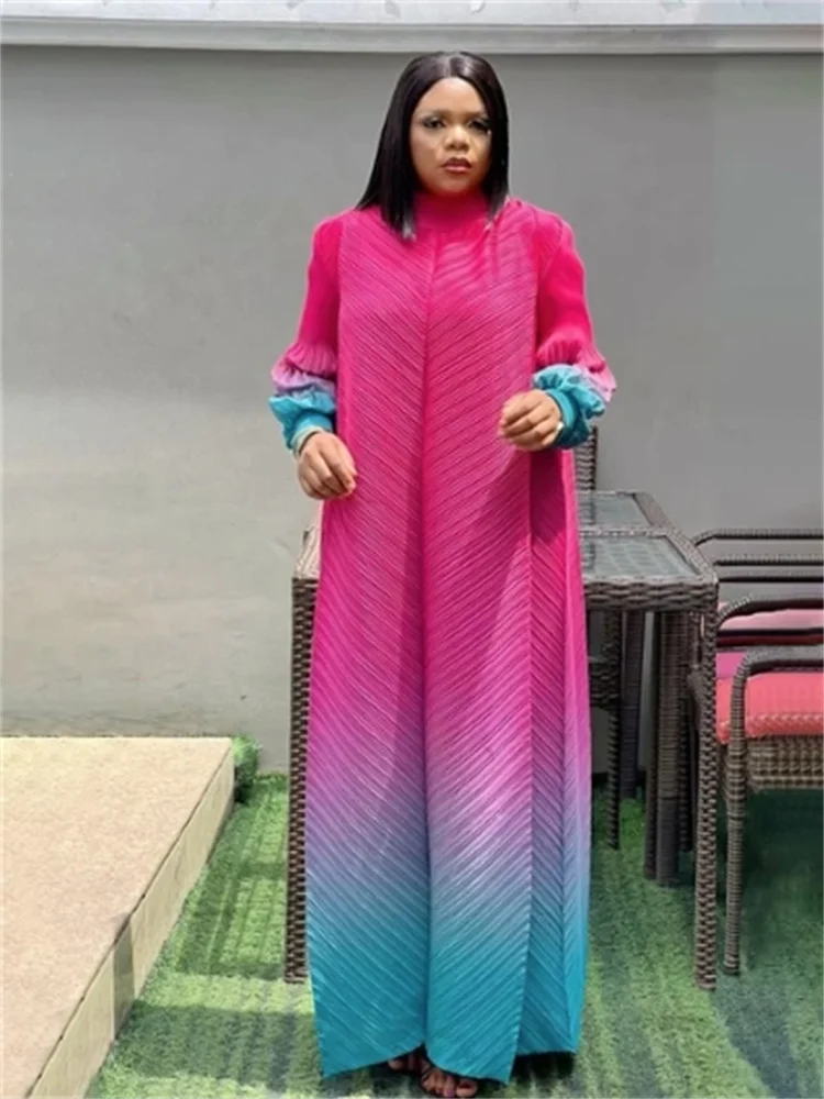 Miyake Pleated Maxi Long Miyake Dress Gradient Color Lantern Sleeves Half Turtleneck Formal Dresses for Women 2024 New Dresses