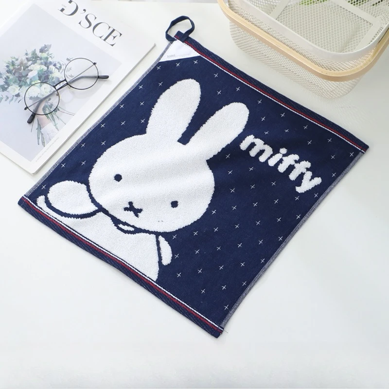 Toalla Kawaii Miffy, toalla de mano cuadrada suave y absorbente con lazo colgante, bonito conejito de dibujos animados, 100% algodón para uso doméstico y en viajes