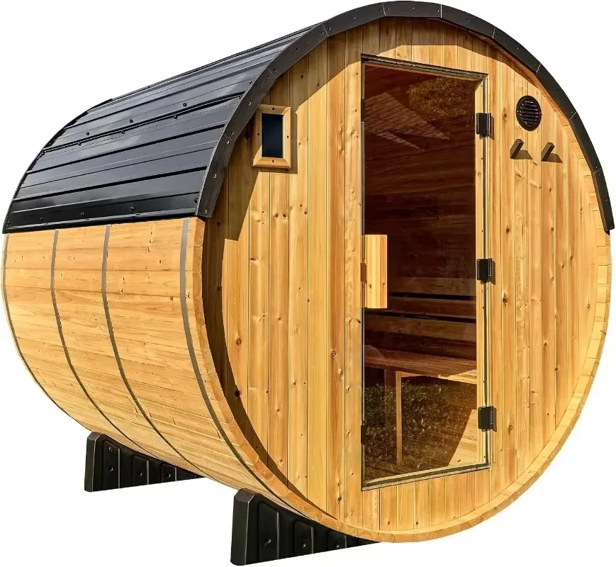 ^Paxton 4-6 Person Traditional Cedar Outdoor Barrel Sauna With Electric Heater, Glass Door, Sauna Rocks, Dry Heat, Steam Sauna
