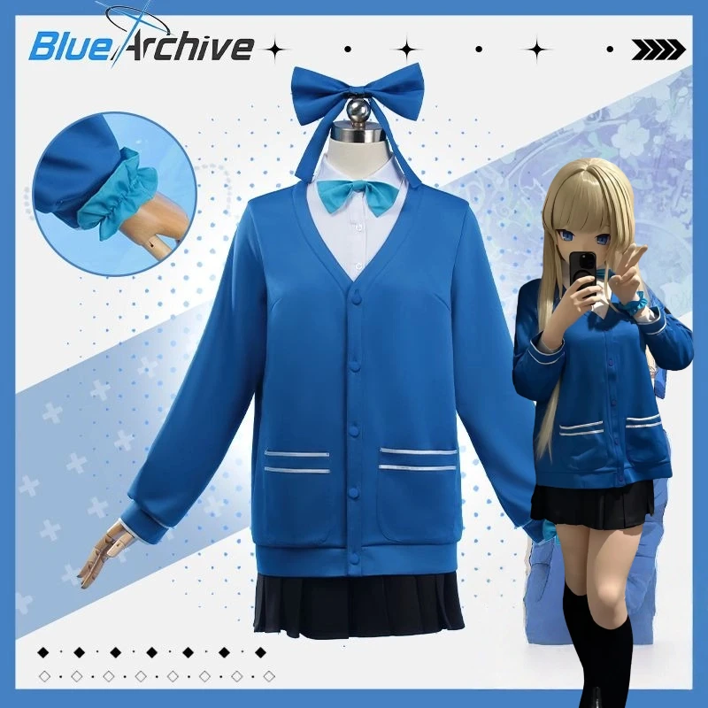 

Asuma Toki Cosplay Game Blue Costume Archive White Shirt Blue Knitwear Black Skirt JK Uniform Wig Full Set for Women Theme Party