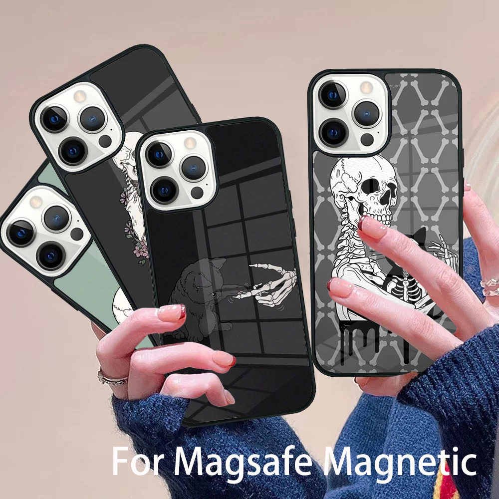 

Black Cat Skull Goth Witch Phone Case Magesafe Magnetic Wireless Charge Cover For IPhone 16 11 12 13 14 15 Pro Max Plus Mini