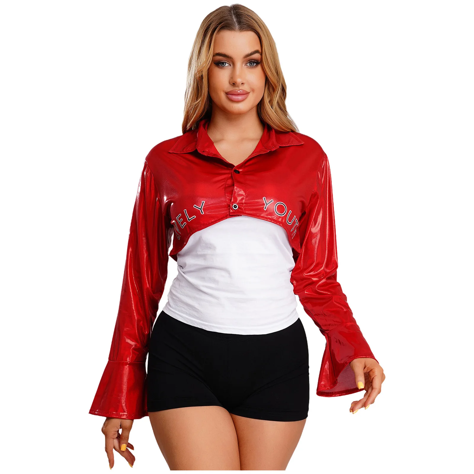 

Womens Bold Jazz Disco Dance Crop Top with Irregular Hem Adjustable Sleeves Holographic Pullover T-shirt Top Hip Hop Clubwear