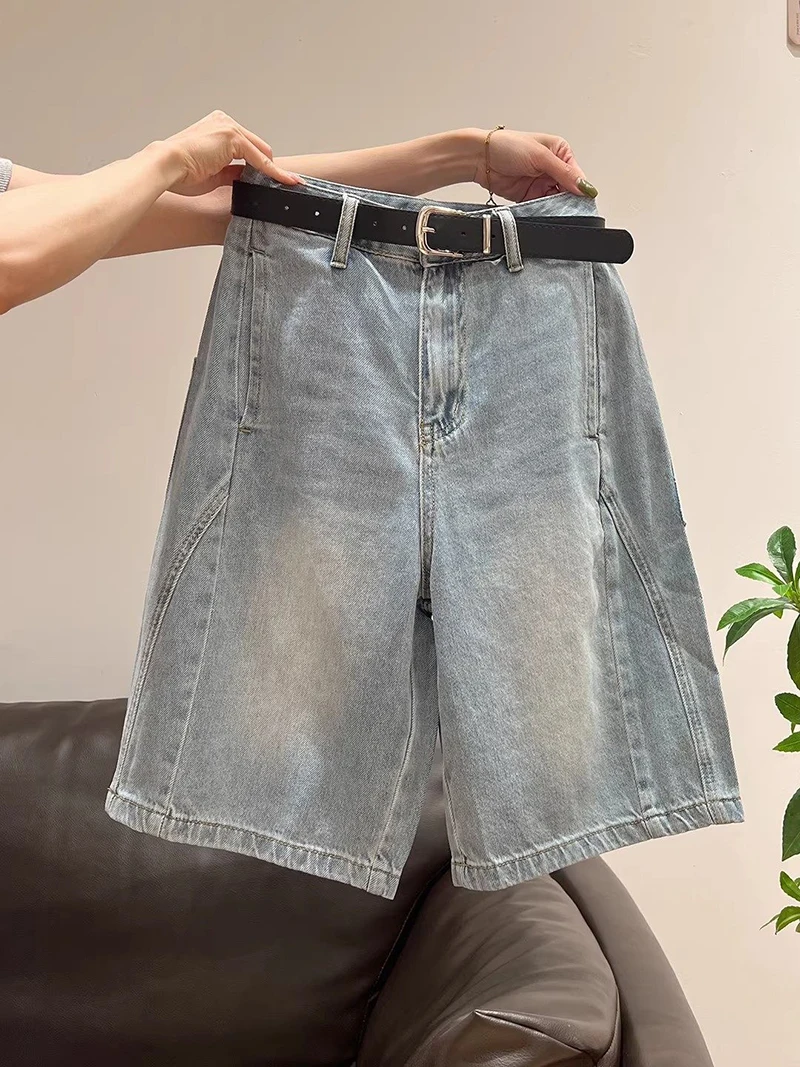 

Женские джинсовые шорты с высокой талией и прямым кроем, летние, новые, тонкие, до колена, в стиле ретро, повседневные, широкие, 2026 года
