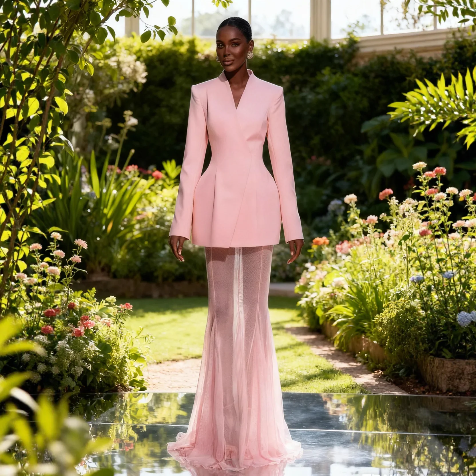 

Elegant Solid Blazer Skirt Set Sexy Pink V Neck Long Sleeves Blazer + See Through Mesh Patchwork Skirts Suits Party Lady Set