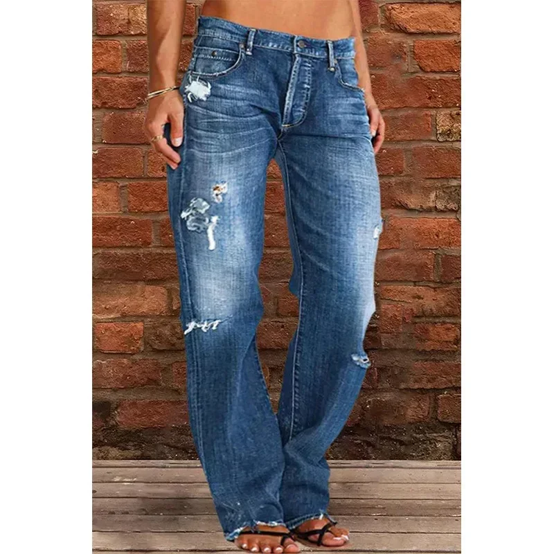 Women Jeans Ankle Length Straight Pants Denim Pockets High Street Mid Waist Zipper Fly Washing Loose Holes 2024 Distressed