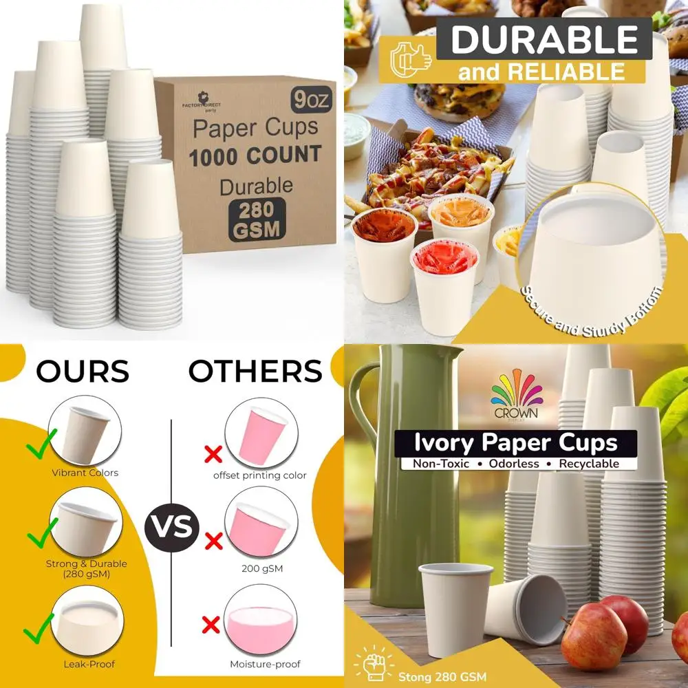 

Durable 9oz Ivory Paper Cups - 1000 Pack Disposable Tumblers for Hot and Cold Beverages, Thick 280 GSM Quality