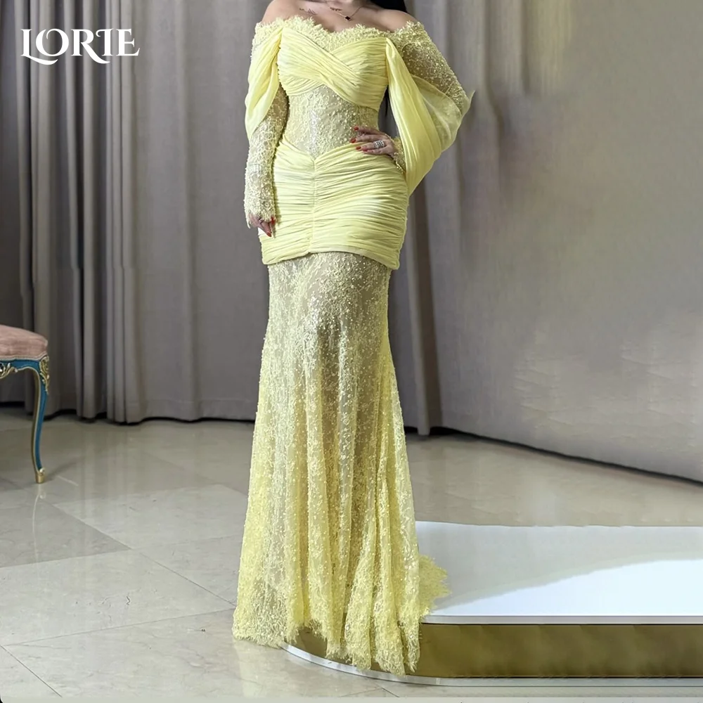 

LORIE Lace Memraid Evening Dress 3D Flowers Long Sleeve Pleat Off Shoulder Bobycon Saudi Party Prom Dresses Club Gown Customized