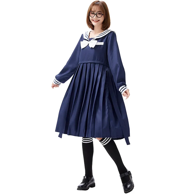 Dziewczęcy kampus śliczna sukienka Kawaii styl Preppy Retro granatowa marynarska długa sukienka dla kobiet Harajuku Lolita słodka kokardka-zestaw długiej sukni